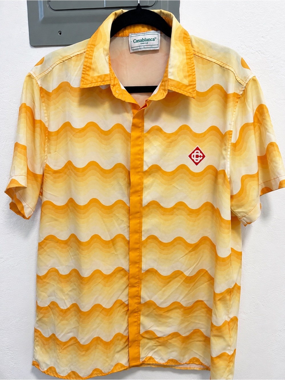 Casablanca Tennis Club Orange Wave Print Silk Blend Camp Collar Shirt
